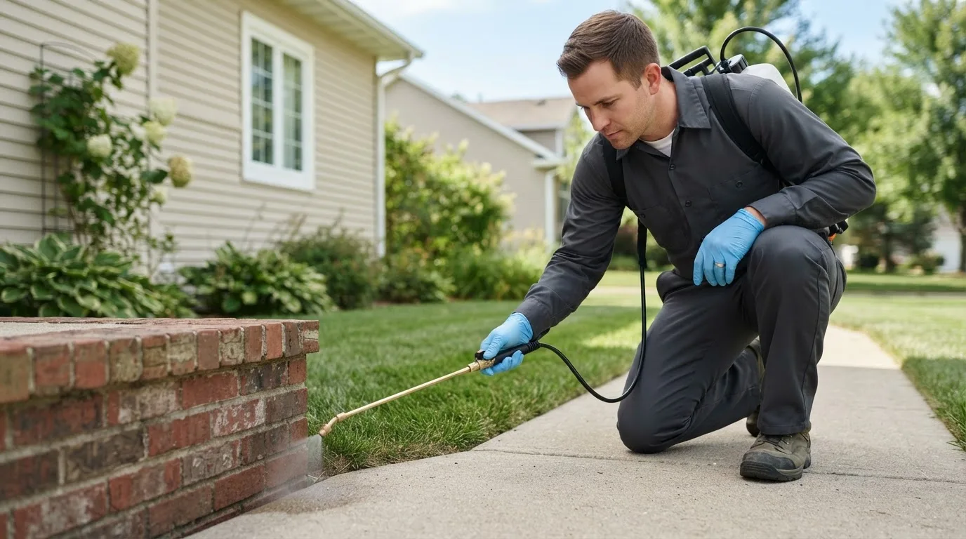 Pest control technician treating a home near Wink, TX